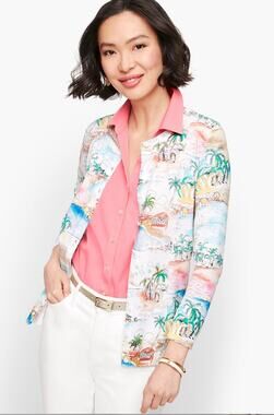 Talbots Womens M White Multi Charming Coastal Print Button Up Cardigan Resort